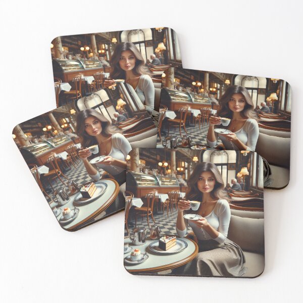 Item preview, Woman sitting in a retro cafe with a plate of cake and a cup of espresso designed and sold by AndreaMart.