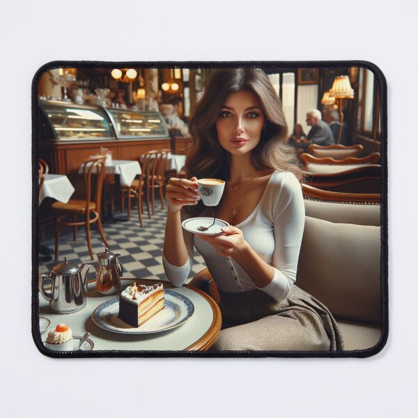 Item preview, Woman sitting in a retro cafe with a plate of cake and a cup of espresso designed and sold by AndreaMart.