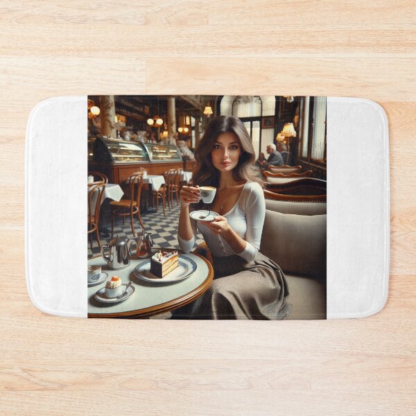 Item preview, Woman sitting in a retro cafe with a plate of cake and a cup of espresso designed and sold by AndreaMart.