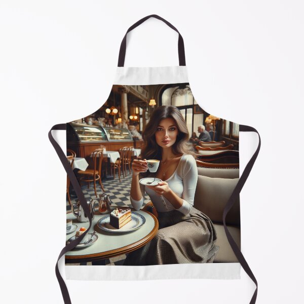 Item preview, Woman sitting in a retro cafe with a plate of cake and a cup of espresso designed and sold by AndreaMart.