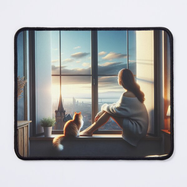 Item preview, Woman sitting on a windowsill with her cat, observing the beautiful horizon designed and sold by AndreaMart.