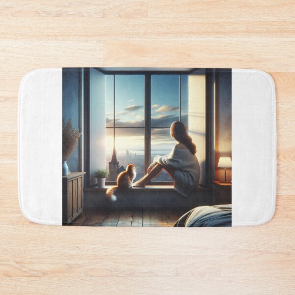 Item preview, Woman sitting on a windowsill with her cat, observing the beautiful horizon designed and sold by AndreaMart.