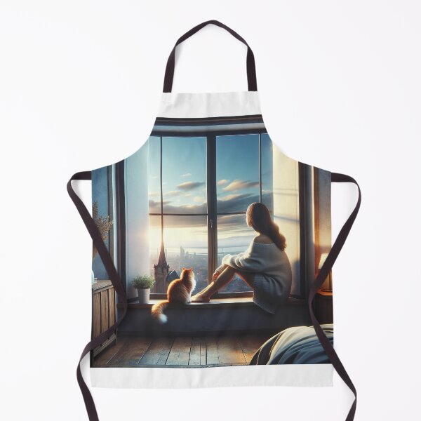 Item preview, Woman sitting on a windowsill with her cat, observing the beautiful horizon designed and sold by AndreaMart.
