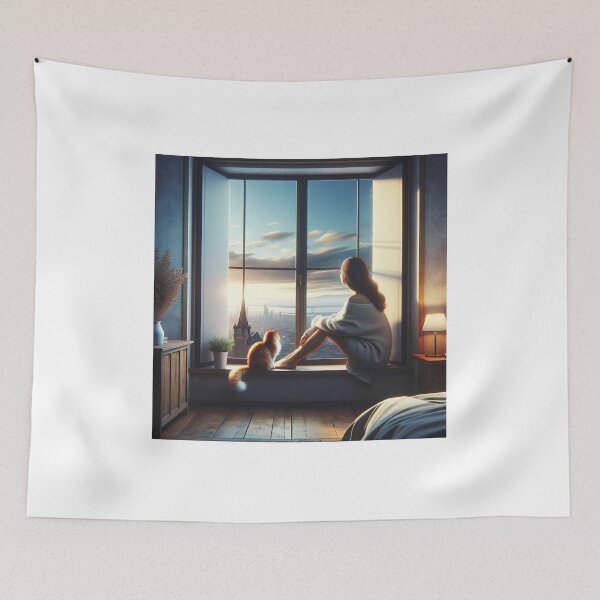 Item preview, Woman sitting on a windowsill with her cat, observing the beautiful horizon designed and sold by AndreaMart.