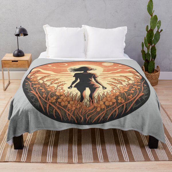 Item preview, Woman's Silhouette in the Floral Meadow Coastal Scenery Orange Sky Art designed and sold by MindfulVisionz.
