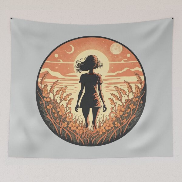 Artikelvorschau, Frauensilhouette in der Blumenwiesen-Küstenlandschaft Orange Sky Art entworfen und verkauft von MindfulVisionz.