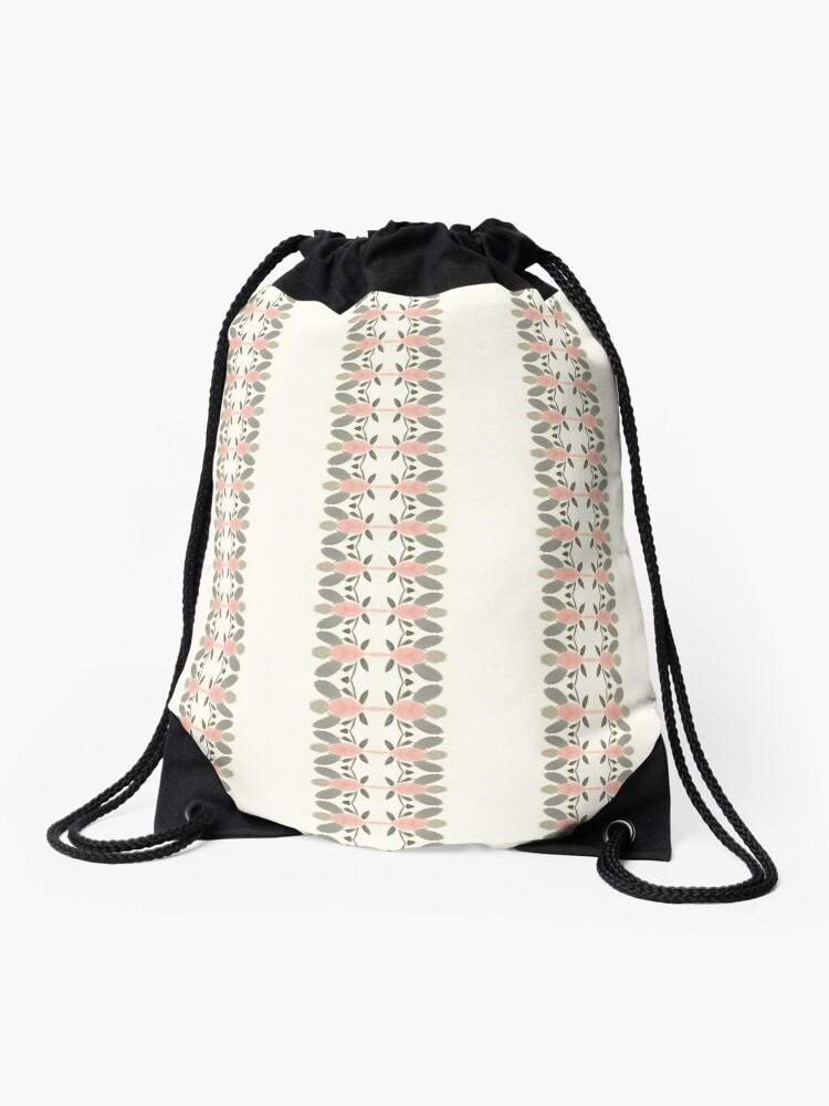 Drawstring Bag, Floral Striped Boho Blush and Sage designed and sold by Triplicate Limited