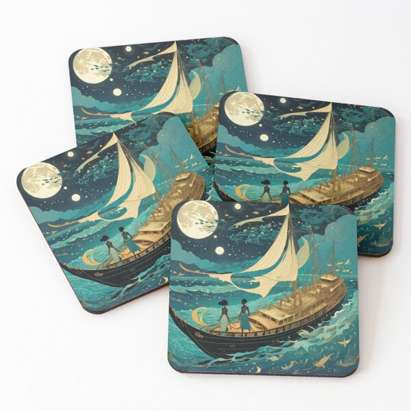 Item preview, Two beautiful African women in the boat at the sea at night in front of the moon in blue designed and sold by relaxbito.