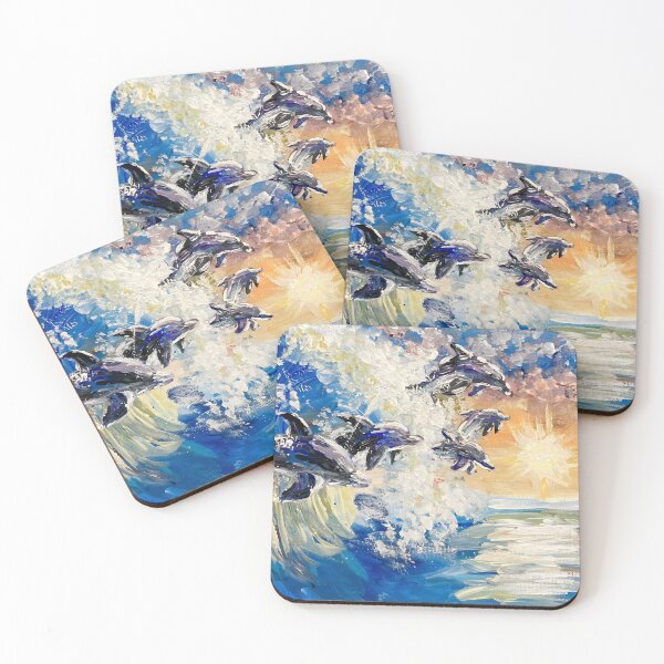 Item preview, Acrylic painting of dolphins at sunset designed and sold by Aroeldesigns.