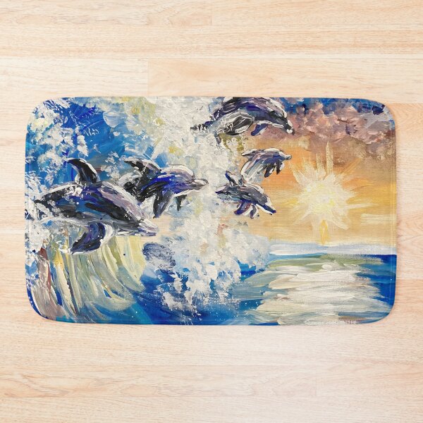 Item preview, Acrylic painting of dolphins at sunset designed and sold by Aroeldesigns.