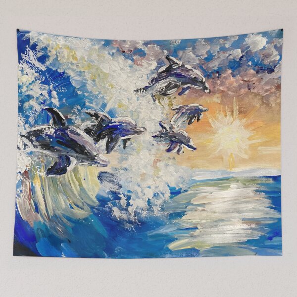 Item preview, Acrylic painting of dolphins at sunset designed and sold by Aroeldesigns.