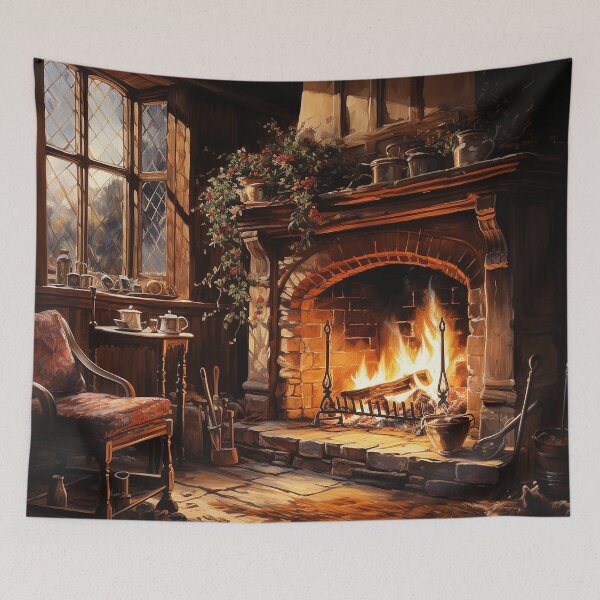 Item preview, Ember Comfort - A Cozy Living Room By The Fireplace - Watercolor Art - Landscape Art designed and sold by CastleBySea.