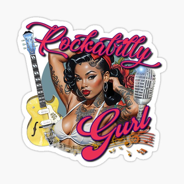 Vista previa del artículo con la obra «Rockabilly Música Pin Up Modelo Muscle Car Obra Hot Rod Rockabilly Afroamericano Pin Up Tatuaje Modelo Chica», diseñado y vendido por AGED Limited.