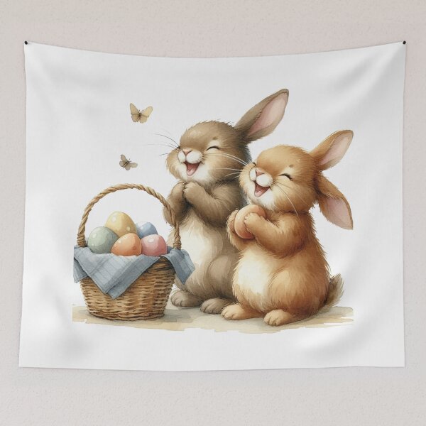 Item preview,  joyfully filling a basket with Easter eggs, and laughing heartily. designed and sold by PaintMeWorld.