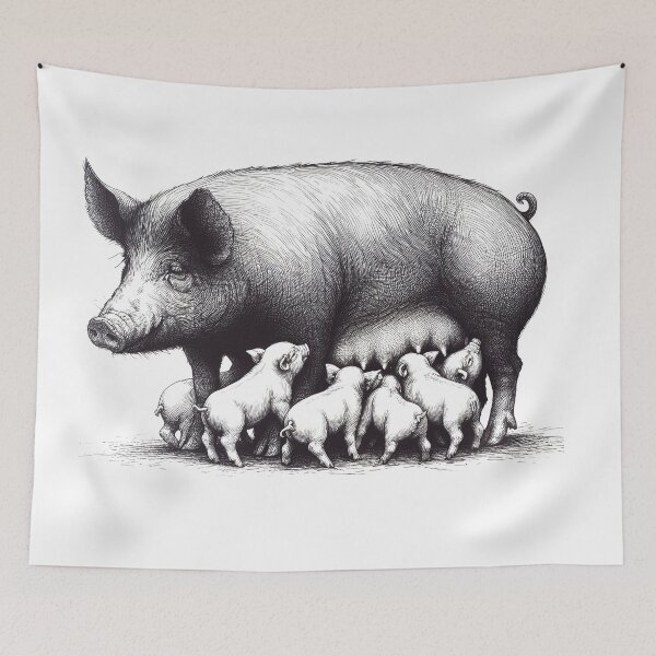 Item preview, Pen and ink drawing of cute piglets suckling. designed and sold by EdgyEdgeArt.