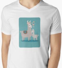 Llama Mama and Baby Illustration Teal Background Men's V-Neck T-Shirt