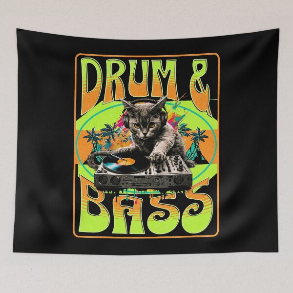 Item preview, DRUM AND BASS  - Psychedelic Cat Dj (lime/orange)  designed and sold by Discothreadz.