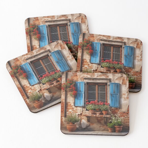 Item preview, Ancient brick wall with blue shutters and pot plants. designed and sold by ArtbyJanineTate.