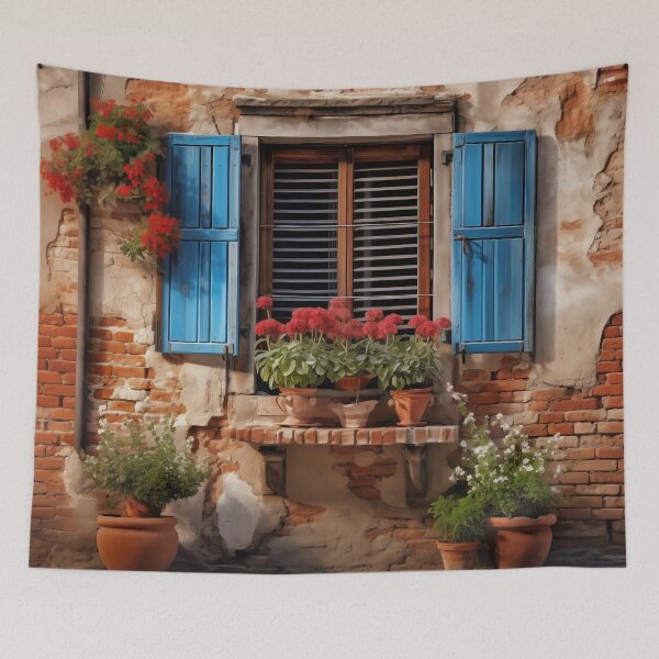 Item preview, Ancient brick wall with blue shutters and pot plants. designed and sold by ArtbyJanineTate.