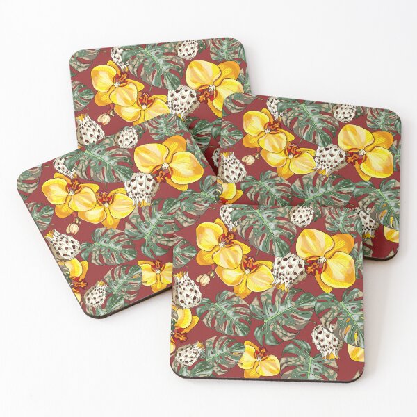 Item preview, Seamless illustration of pineapple, tropical leaves, orchid, lemon flowers on collared background. Fruit pattern with tropical leaves and fruits designed and sold by Anastasiia Yurevych.