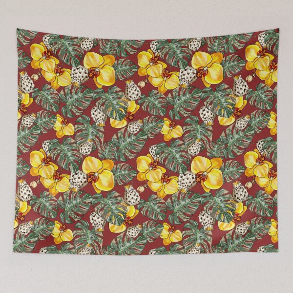 Item preview, Seamless illustration of pineapple, tropical leaves, orchid, lemon flowers on collared background. Fruit pattern with tropical leaves and fruits designed and sold by Anastasiia Yurevych.