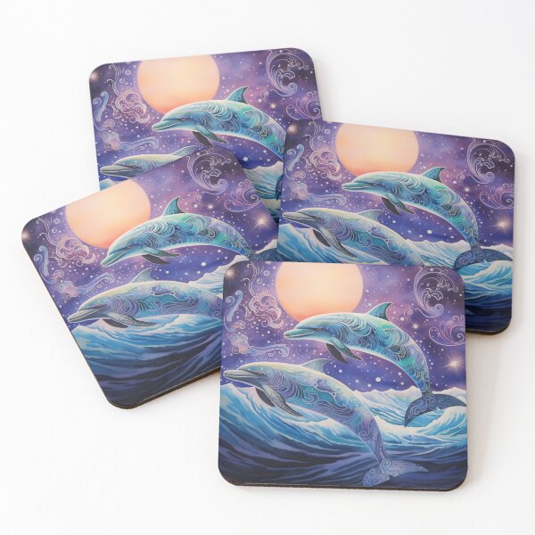 Item preview, Dolphins and full moon sky in purple and blues. designed and sold by ArtbyJanineTate.