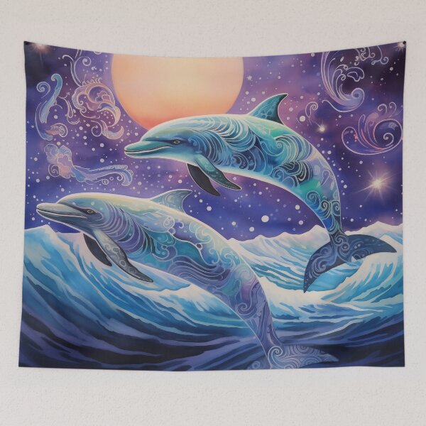 Item preview, Dolphins and full moon sky in purple and blues. designed and sold by ArtbyJanineTate.