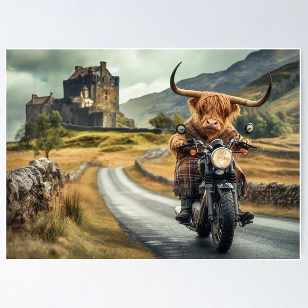 Item preview, Highland Cow on Motorbike Scottish Highlands designed and sold by Craig Doogan Prints.