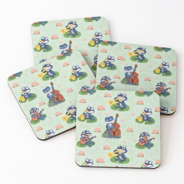 Item preview, Funny Frog Musicians on a lily pad pond playing double bass, guitar, trumpet and sax designed and sold by NattyDesigns.
