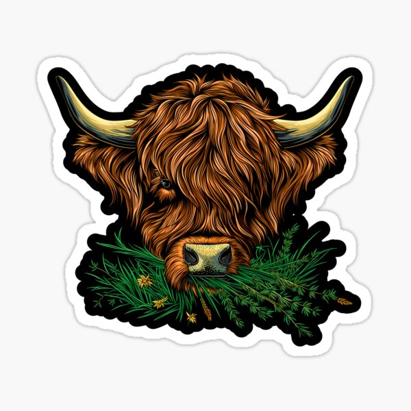 Vista previa del artículo con la obra «Ilustración de cabeza de hierba de pastoreo de animales de vaca de montaña esponjosa escocesa o irlandesa», diseñado y vendido por NBSStore.