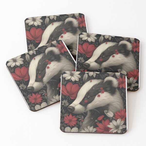 Item preview, Badger in White and Red Flowers designed and sold by MossyBurrow.