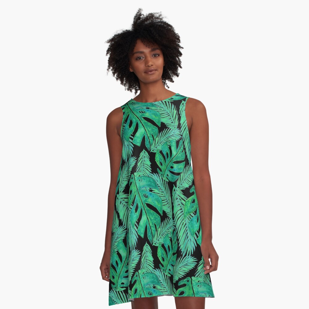 Tropical Monstera Pattern Black A-Line Dress