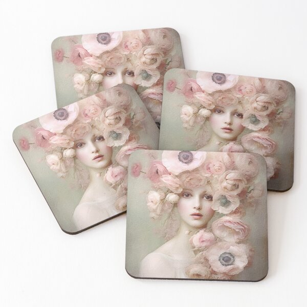 Item preview, Soft Pink Aesthetic Ranunclus Buttercup Digital Painting of a Young Woman designed and sold by HappyNouveau.