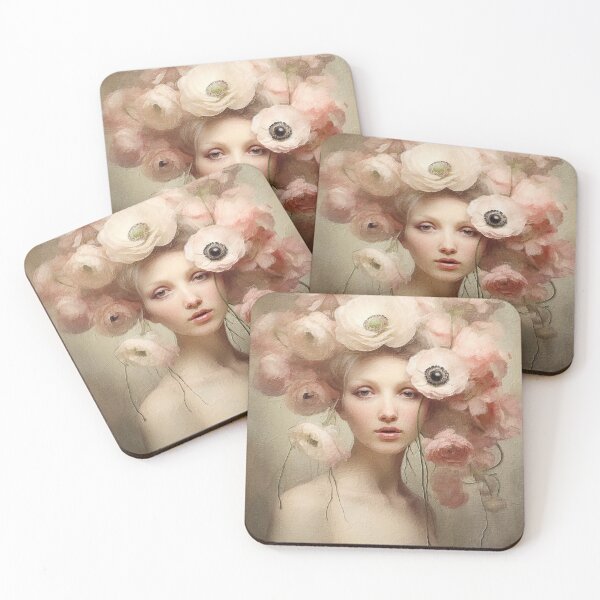 Item preview, Stunning Floral Portrait of a Young Woman Pink Aesthetic Art designed and sold by HappyNouveau.