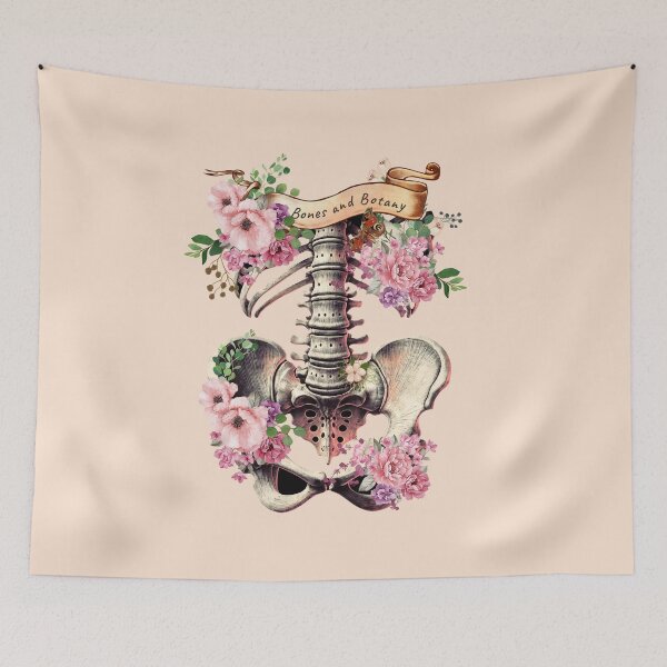 Item preview, Bones and botany, ribcage full of pink flowers, roses and leaves, Anatomy Art,, thoracicy, black and white, leaves anatomy Ribcage, rib cage, anatomy skeleton designed and sold by Collagedream.