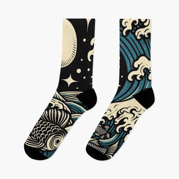 Item preview, Japanes Woodblock of Wave And Fish designed and sold by EdgyEdgeArt.