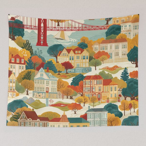 Item preview, San Francisco Charm - Victorian Houses and Golden Gate Bridge Illustration designed and sold by David Balzen.