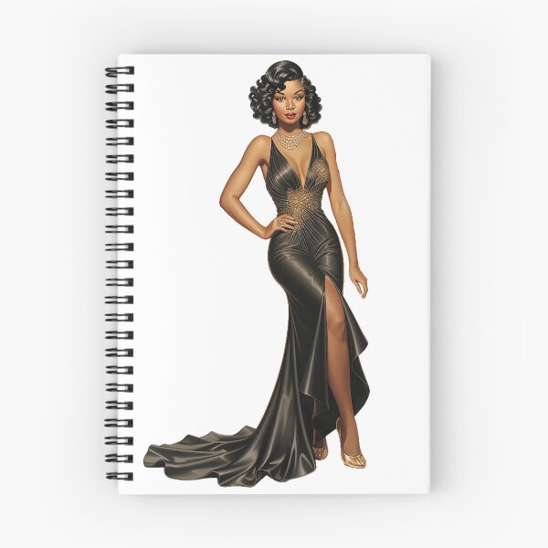 Item preview, Melanin Pinup Girl in vintage  black satin evening gown designed and sold by CGPlenty.