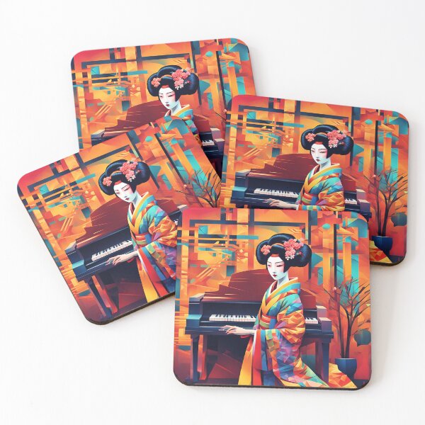 Item preview,  Sitting  Geisha with piano in yellow blue red abstract designed and sold by Coolparrotgirl.