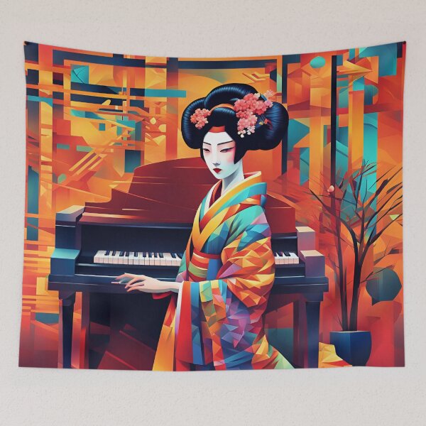 Item preview,  Sitting  Geisha with piano in yellow blue red abstract designed and sold by Coolparrotgirl.