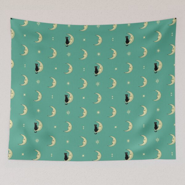 Item preview, La Luna - Cat and Moon - Teal and Black Cats - Pattern designed and sold by DreamersPlan.