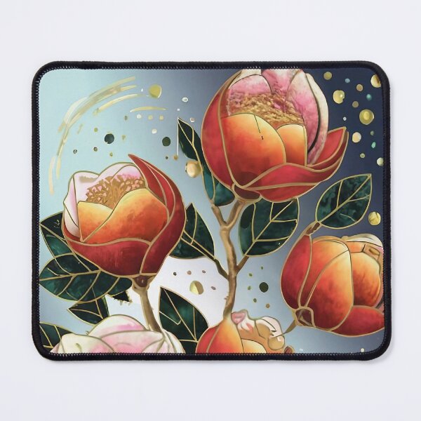 Item preview, A colorful gold outline wireframe, vector low poly line art, minimalist pen and ink Camellia flowers with a shimmer overlay. designed and sold by brokenpones.