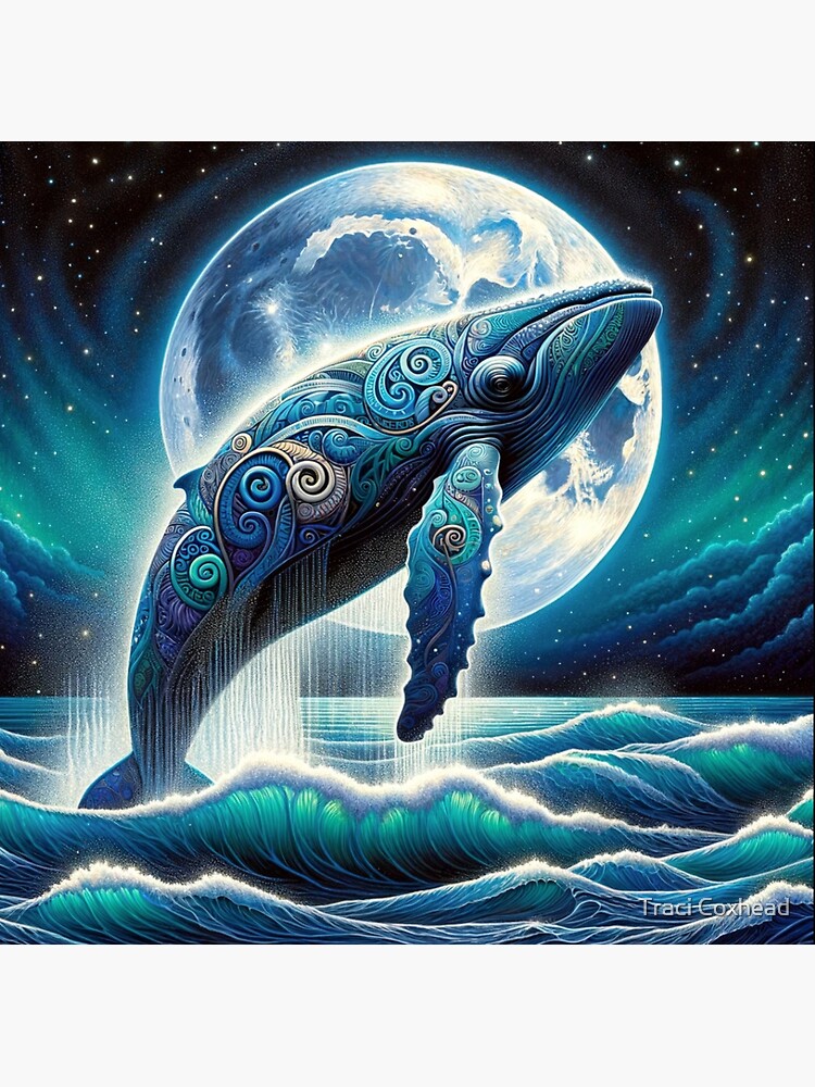 Original and unique painting of good a blue whale with stylised waves - inspired by Maori art and the Koru shape, perfect for a sea & beach lover