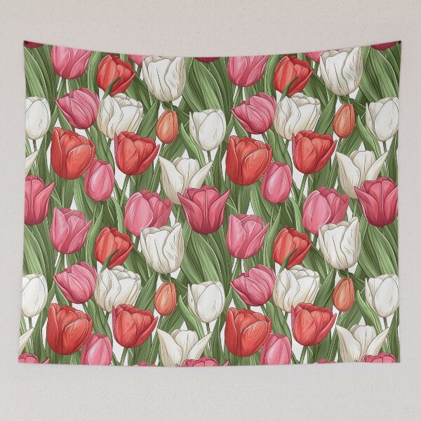 Aperçu de l'œuvre Conception florale de tulipes blanches roses rouges pour le printemps créée et vendue par NikkofTime.