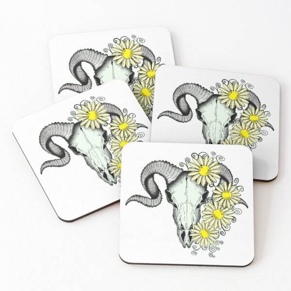 Item preview, Ram's skull adorned with delicate white daisy flowers designed and sold by WanderDrips.