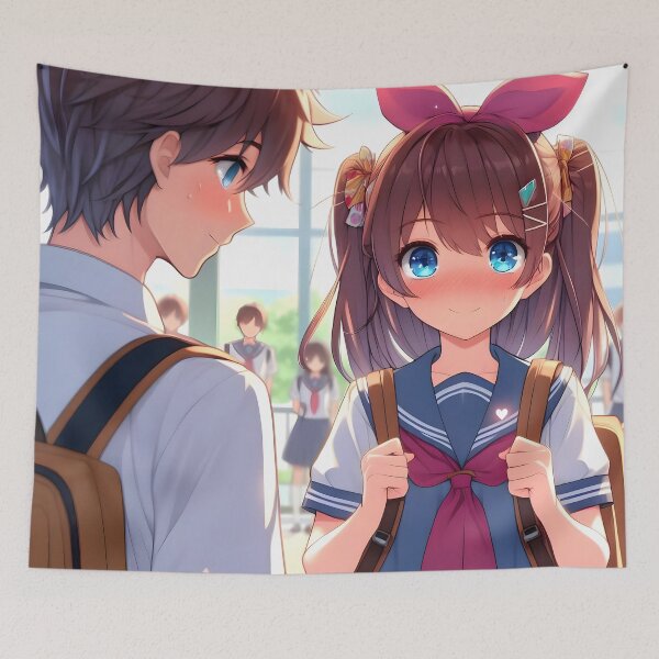 Item preview, Adorable anime style print cute schoolboy and schoolgirl share a shy moment Ideal gift for fans of manga and k-pop culture ?? designed and sold by naivnoia.
