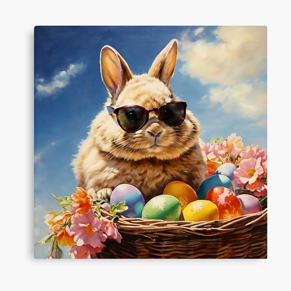 Item preview, Vintage Animal Art: Easter Bunny with Sunglasses in a Basket | Animal Art | Oil Painting | Vintage Art | Gift for Easter designed and sold by UnhingedBird.