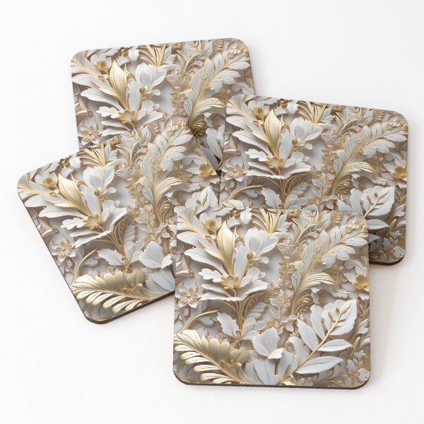 Item preview, White flowers and leaves - 3D relief pattern gold #68 designed and sold by GoldenEraArt.