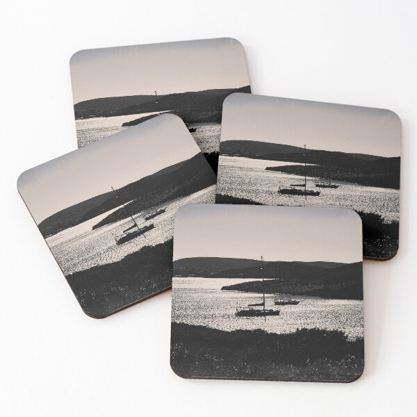 Item preview, An artistic black and white photograph of a sailboat in a tranquil bay surrounded by nature designed and sold by IdoFriedmanArt.