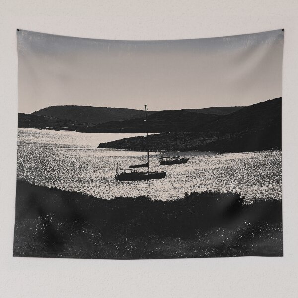 Item preview, An artistic black and white photograph of a sailboat in a tranquil bay surrounded by nature designed and sold by IdoFriedmanArt.